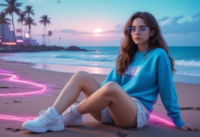 A woman sits on the beach at sunset with neon lights