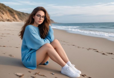 Woman in a blue sweater sits on the beach