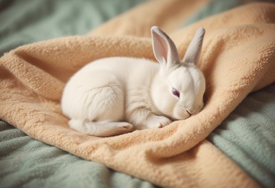 A white rabbit naps on a soft blanket