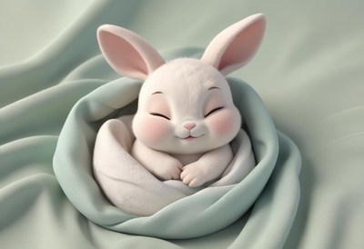 A white bunny naps peacefully in a soft green blanket