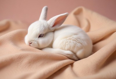 A white rabbit rests on a blanket