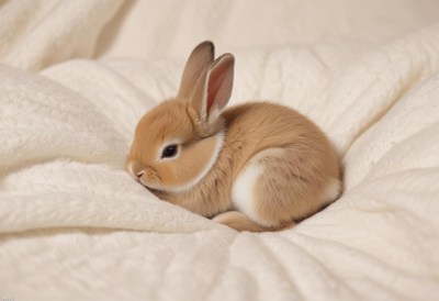 A small brown rabbit naps on a white blanket