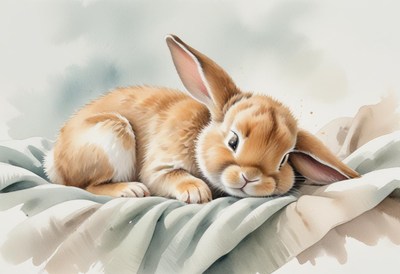 A brown rabbit rests on a soft, grey blanket