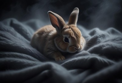 A brown rabbit rests on a soft, blue blanket