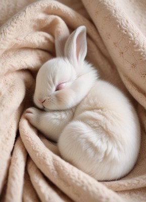 A small, white rabbit sleeps peacefully in a blanket