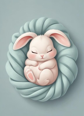 A white rabbit sleeps soundly in a blue nest