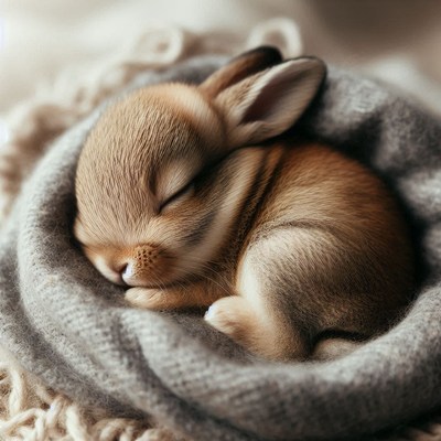 A tiny bunny sleeps soundly in a soft blanket