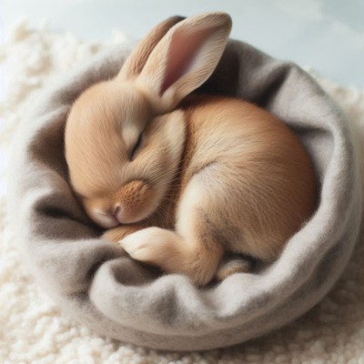 A tiny bunny sleeps soundly in a soft, gray blanket