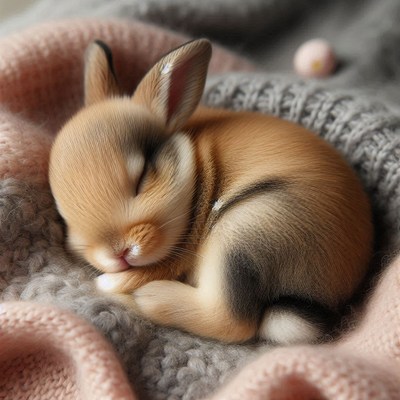 A small brown bunny sleeps peacefully on a knitted blanket