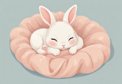 A white bunny sleeps soundly in a pink nest