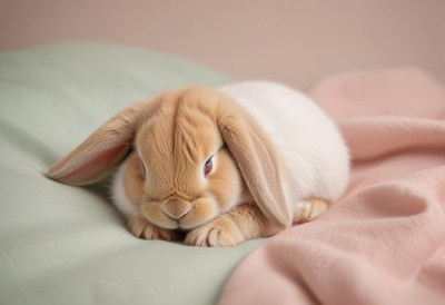 A brown and white bunny sleeps peacefully on a soft blanket