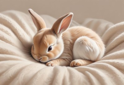 A small, brown rabbit sleeps on a white pillow