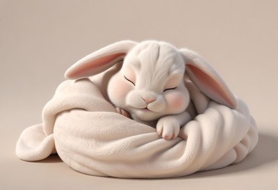 A white bunny sleeps soundly in a soft blanket