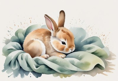 Brown bunny sleeps on soft green fabric