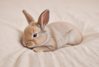 A brown rabbit naps on a white pillow