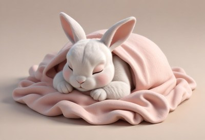 A white bunny sleeps soundly under a pink blanket