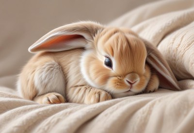 A fluffy brown bunny rests on a white bed