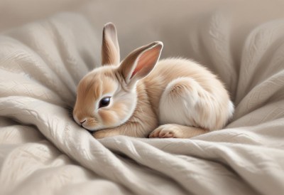 A small bunny sleeps soundly on a bed of white sheets