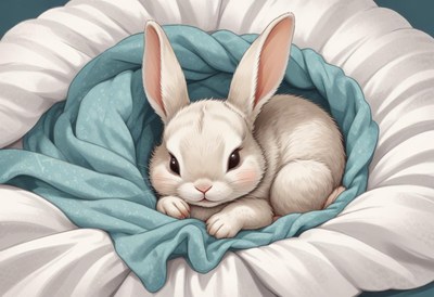 A white rabbit snuggles under a blue blanket