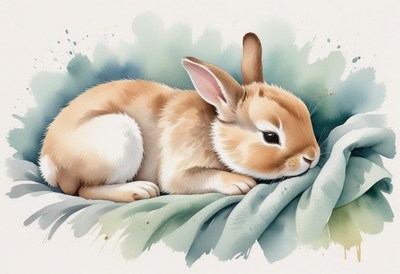 A brown rabbit rests on a green cloth