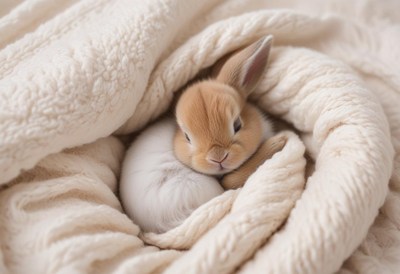 A small bunny is curled up in a white blanket