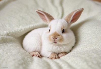 A white rabbit with brown spots relaxes on a white blanket