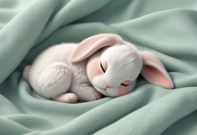 A white bunny sleeps soundly on a soft, green blanket