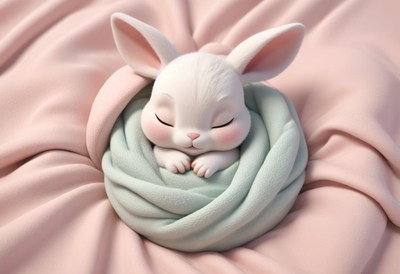 A white bunny sleeps soundly in a light blue blanket