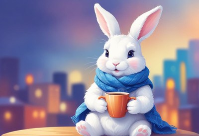A white rabbit enjoys a warm drink in the city at dusk