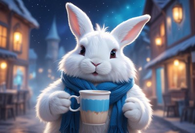 A cute bunny enjoys a warm drink in a snowy village