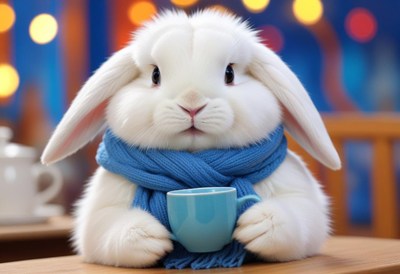 A white bunny wearing a blue scarf enjoys a warm drink