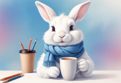 A white rabbit enjoys a cup of hot cocoa on a chilly day