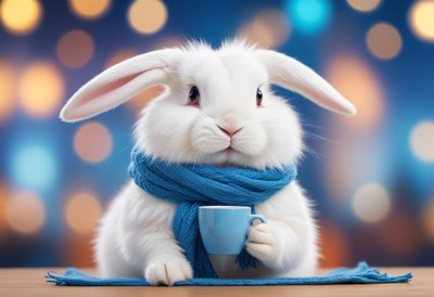 A white rabbit wearing a blue scarf drinks tea