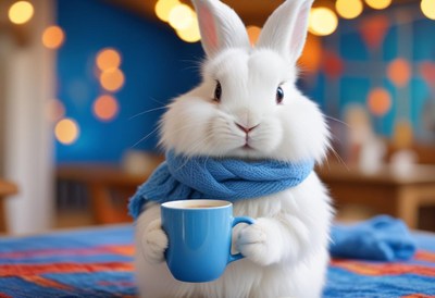 A white rabbit wearing a blue scarf holds a blue mug