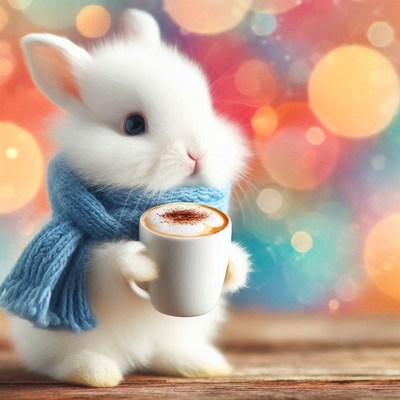 A white rabbit wearing a blue scarf enjoys a cup of coffee