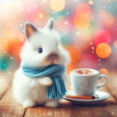 A cute bunny wearing a blue scarf enjoys a cup of coffee
