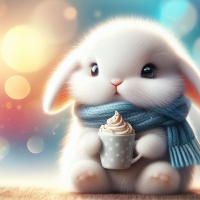 Bunny in a blue scarf sips hot chocolate