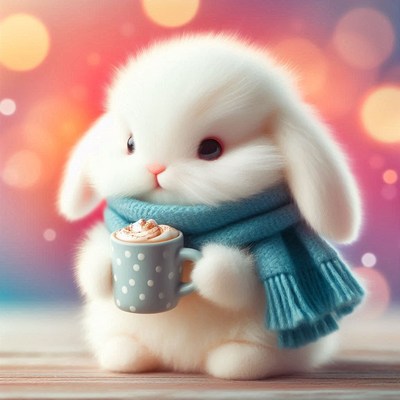 A fluffy bunny enjoys a warm drink in a blue scarf