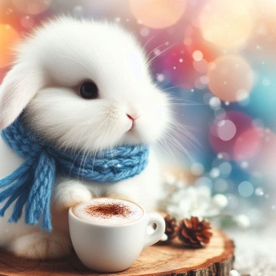 Bunny in a blue scarf sips warm drink on wood