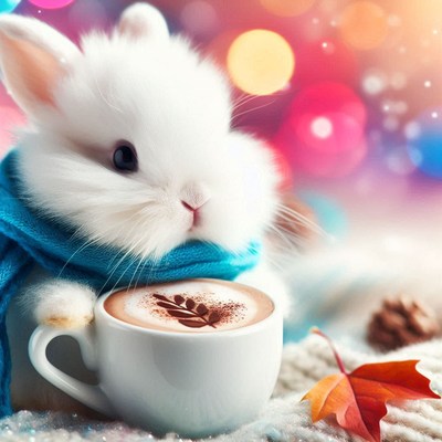 A rabbit in a blue scarf sips coffee on a winter day