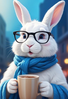 White rabbit in glasses and blue scarf holds hot cocoa