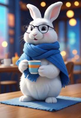Bunny with glasses sips a drink in a cozy cafe