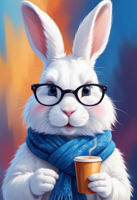 Rabbit in glasses and scarf sips coffee