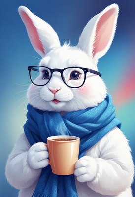 A glasses-wearing rabbit with a scarf holds hot chocolate