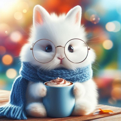 A white bunny wearing glasses enjoys a warm drink