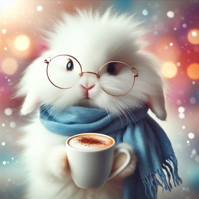 A glasses-wearing rabbit sips coffee