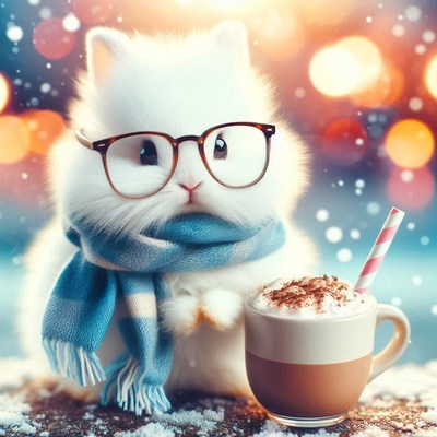 A bunny in glasses sips a warm drink in snow