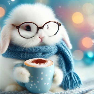 A cute bunny wearing glasses and a scarf enjoys a warm drink