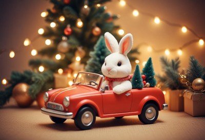 Bunny drives a red car with christmas trees inside