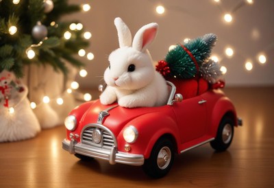 White rabbit in a red car with a tree